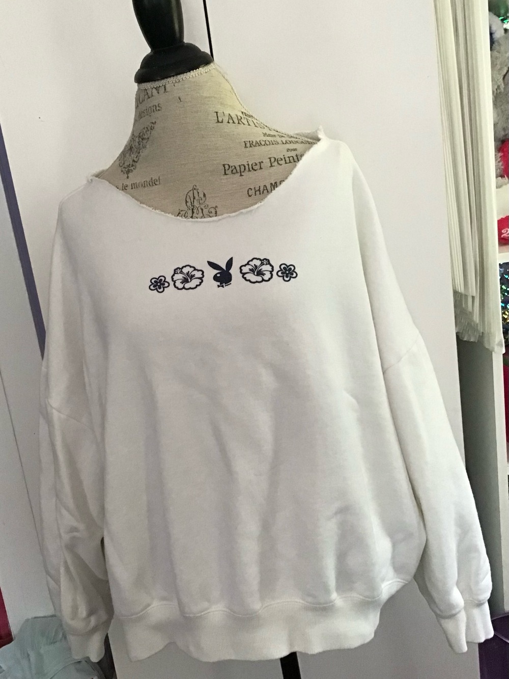 PLAYBOY White Sweatshirt with Navy Bunny and Floral Accents